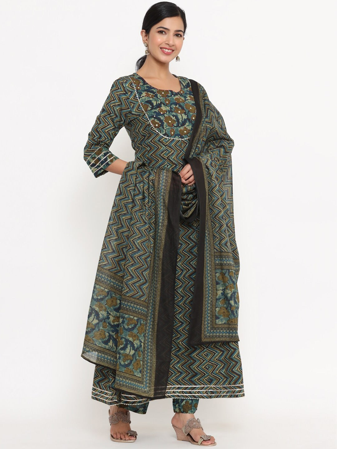 Green Ethnic Motifs Printed Dupatta Set-Yufta Store-9781SKDGRS