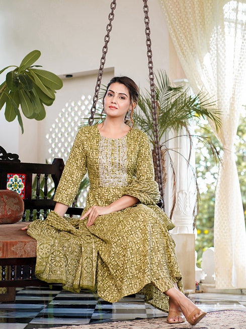 Green Ethnic Motifs Printed Regular Thread Work Pure Cotton Kurta with Trousers & With Dupatta-Yufta Store-1620SKDGRS