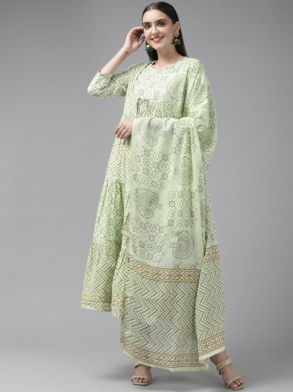 Green Ethnic Printed Dupatta Set-Yufta Store-9425SKDGRS