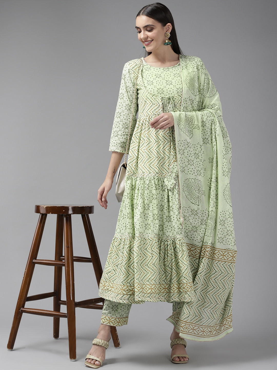 Green Ethnic Printed Dupatta Set-Yufta Store-9425SKDGRS