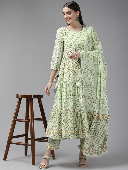 Green Ethnic Printed Dupatta Set-Yufta Store-9425SKDGRS