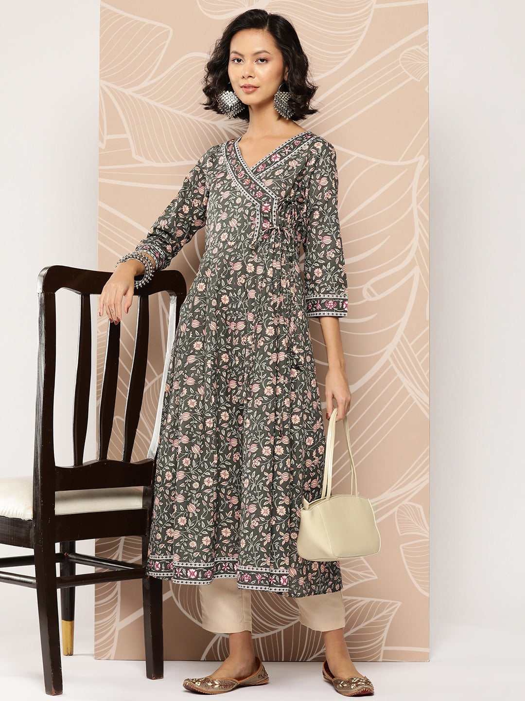 Green Floral Printed Angrakha Cotton Kurta-Yufta Store-1155KURMLTS