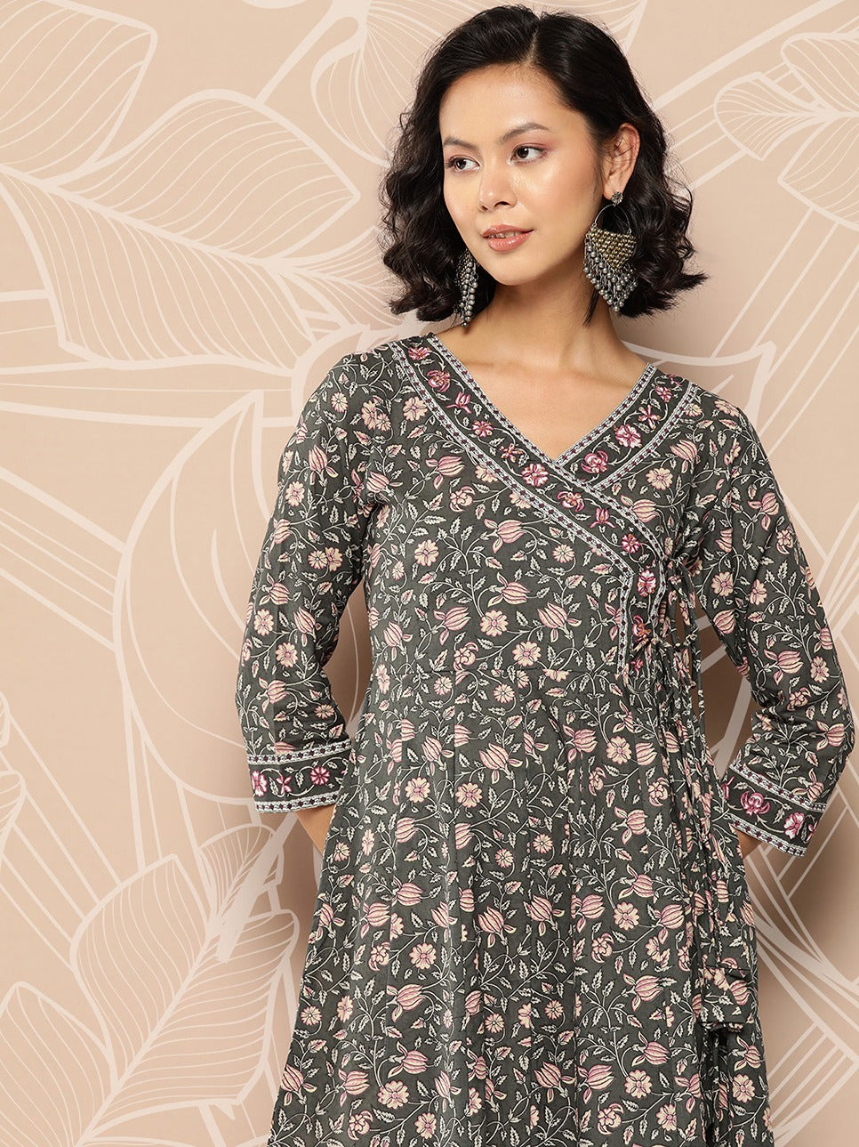 Green Floral Printed Angrakha Cotton Kurta-Yufta Store-1155KURMLTS