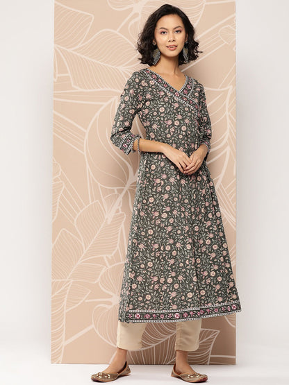 Green Floral Printed Angrakha Cotton Kurta-Yufta Store-1155KURMLTS