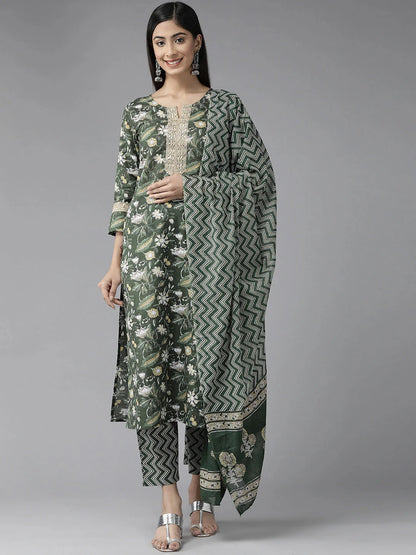 Green Floral Printed Kurta Dupatta Set-Yufta Store-1120SKDGRS