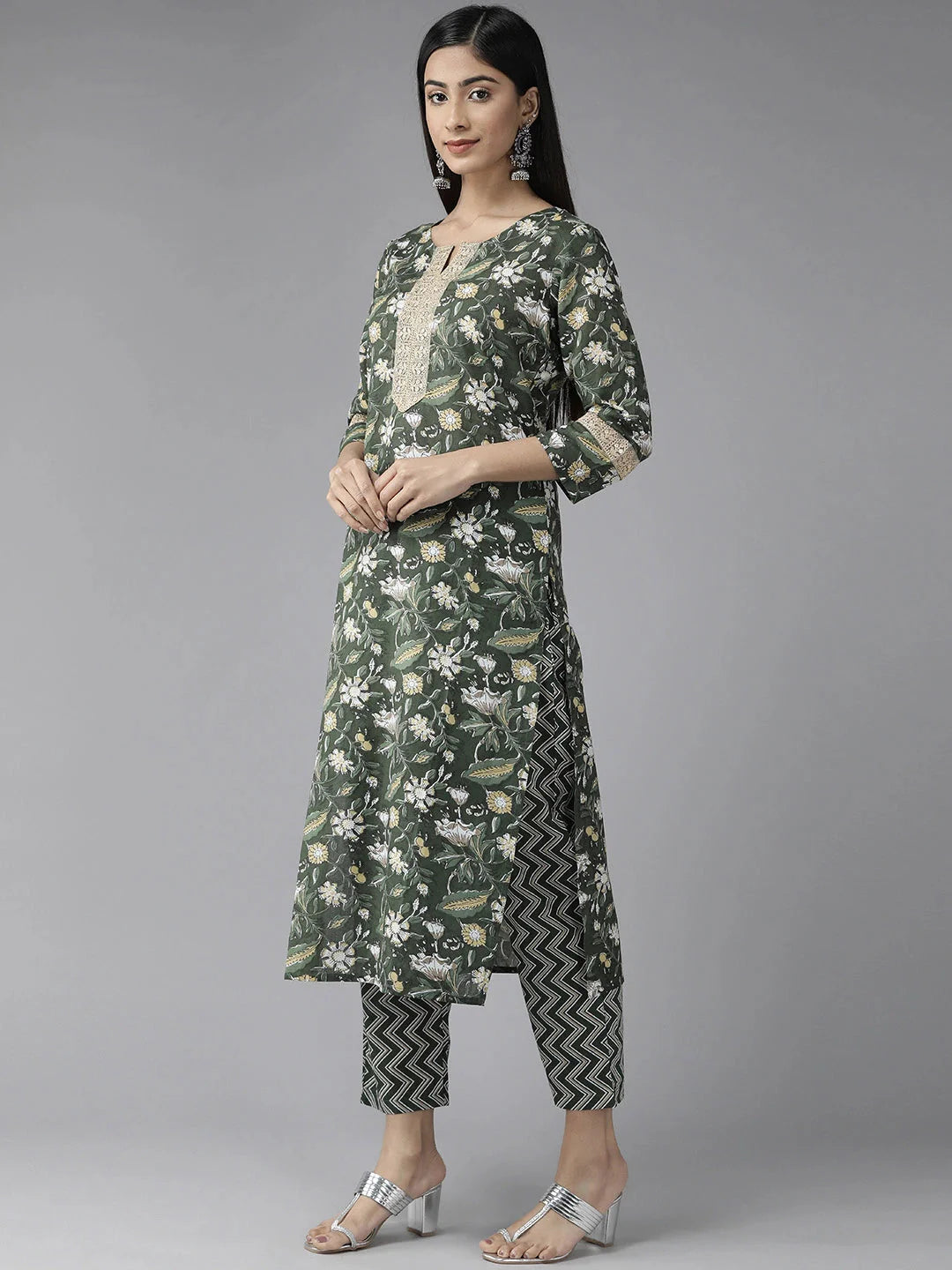 Green Floral Printed Kurta Dupatta Set-Yufta Store-1120SKDGRS