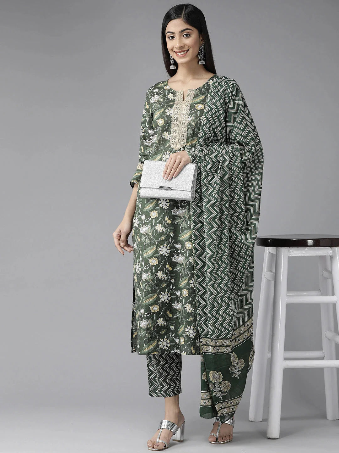 Green Floral Printed Kurta Dupatta Set-Yufta Store-1120SKDGRS