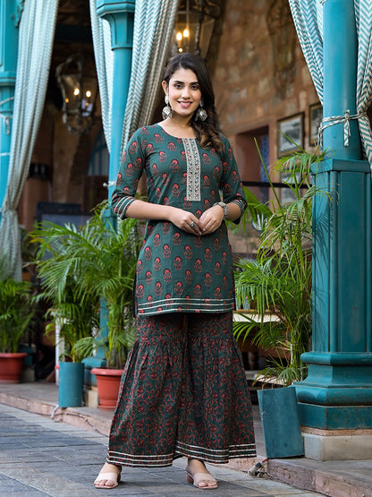 Green Floral Zari_Work Kurta Sharara With Dupatta Set-Yufta Store-1725SKDGRS