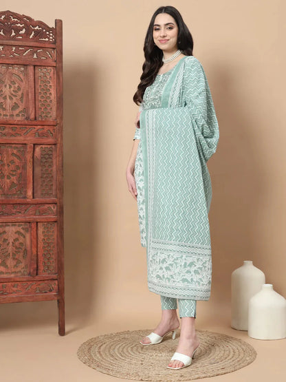 Green Floral,Sequins_Work Straight Kurta Trouser And Dupatta Set-Yufta Store-1752SKDGRS