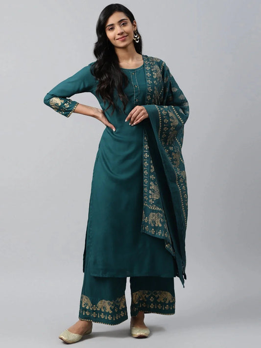 Green & Golden Solid Dupatta Set-Yufta Store-7612SETTGS