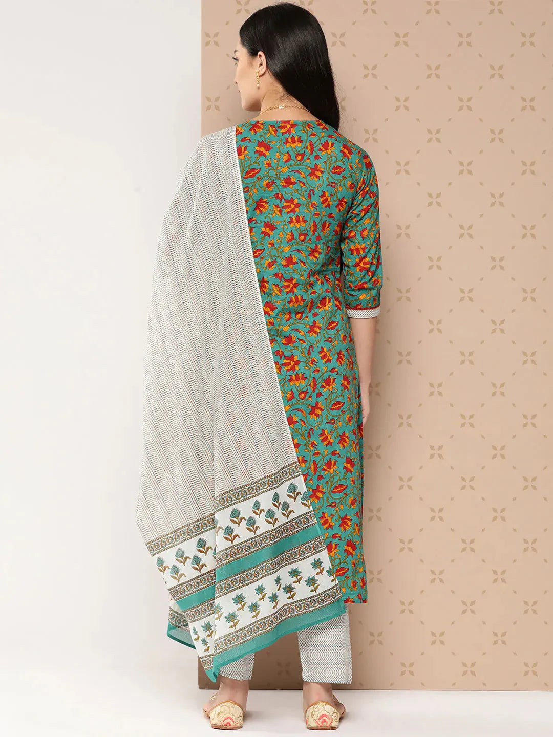 Green Printed Cotton Dupatta Set-Yufta Store-9776SKDGRS