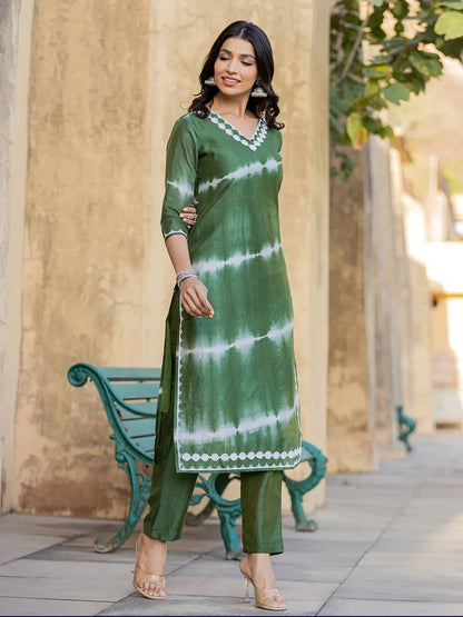 Green Tie Dye Lace-Work Yoke And Border Straight Kurta And Trouser Set-Yufta Store-1730SETGRS