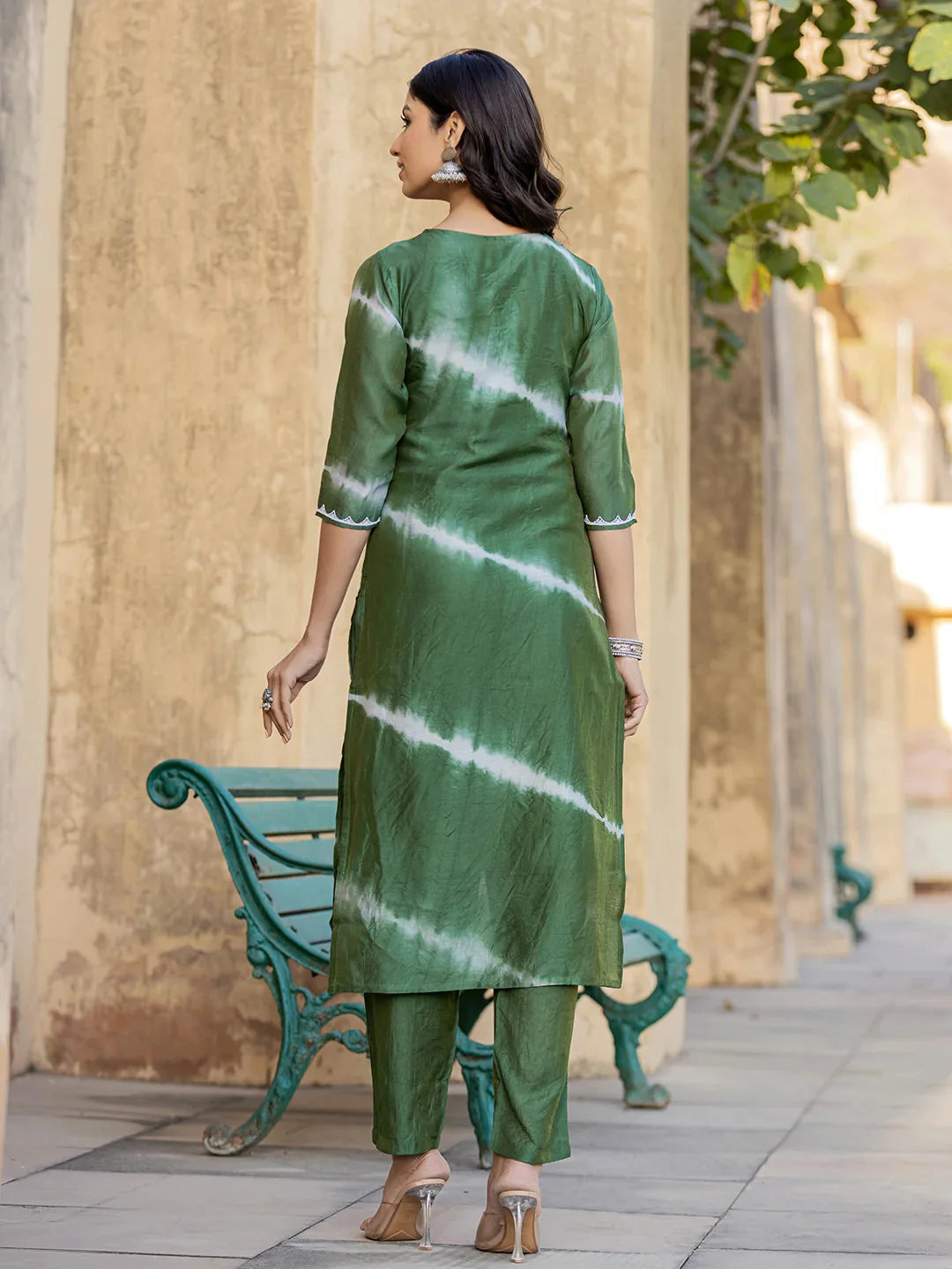 Green Tie Dye Lace-Work Yoke And Border Straight Kurta And Trouser Set-Yufta Store-1730SETGRS