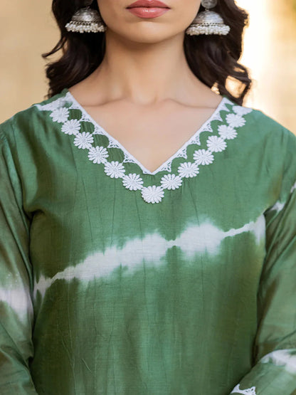 Green Tie Dye Lace-Work Yoke And Border Straight Kurta And Trouser Set-Yufta Store-1730SETGRS