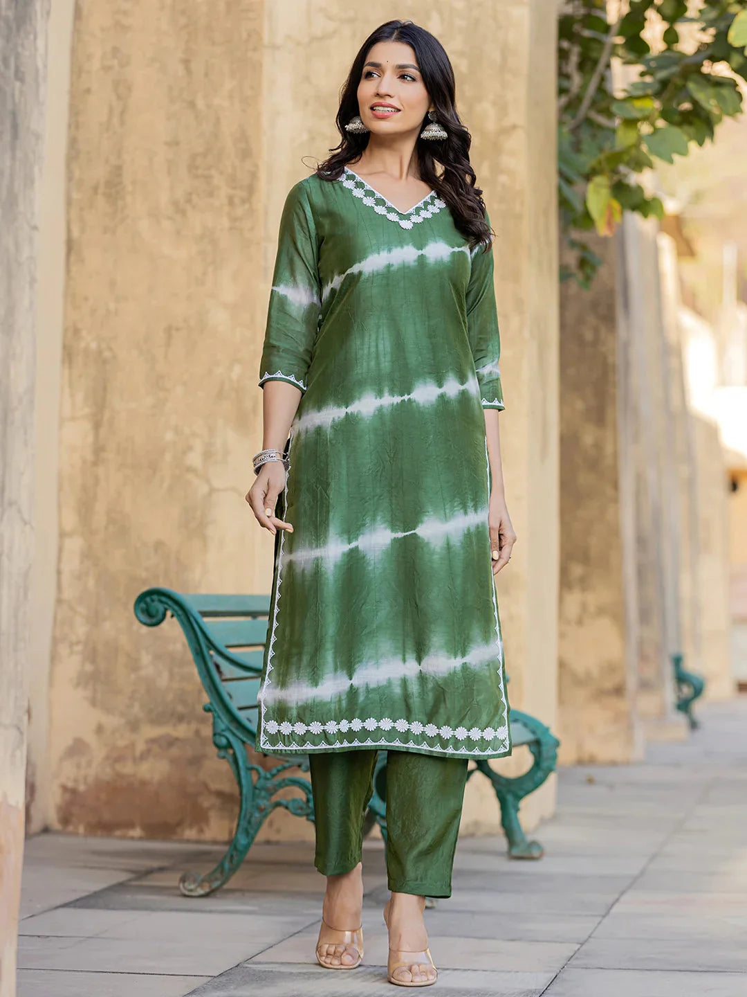 Green Tie Dye Lace-Work Yoke And Border Straight Kurta And Trouser Set-Yufta Store-1730SETGRS