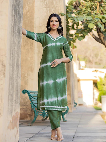 Green Tie Dye Lace-Work Yoke And Border Straight Kurta And Trouser Set-Yufta Store-1730SETGRS