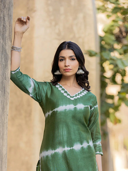 Green Tie Dye Lace-Work Yoke And Border Straight Kurta And Trouser Set-Yufta Store-1730SETGRS