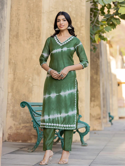 Green Tie Dye Lace-Work Yoke And Border Straight Kurta And Trouser Set-Yufta Store-1730SETGRS