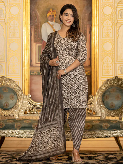 Grey Ethnic Motifs Straight Kurta Trouser And Dupatta Set-Yufta Store-6861SKDGYS