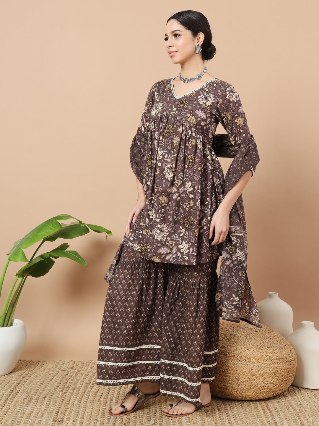 Grey Floral Print Straight Alia-Cut Kurta Sharara And Dupatta Set-Yufta Store-1850SKDGYS