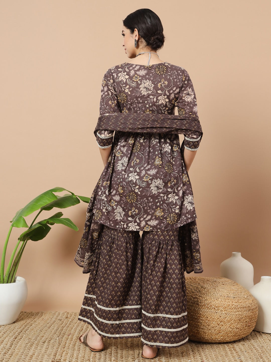 Grey Floral Print Straight Alia-Cut Kurta Sharara And Dupatta Set-Yufta Store-1850SKDGYS