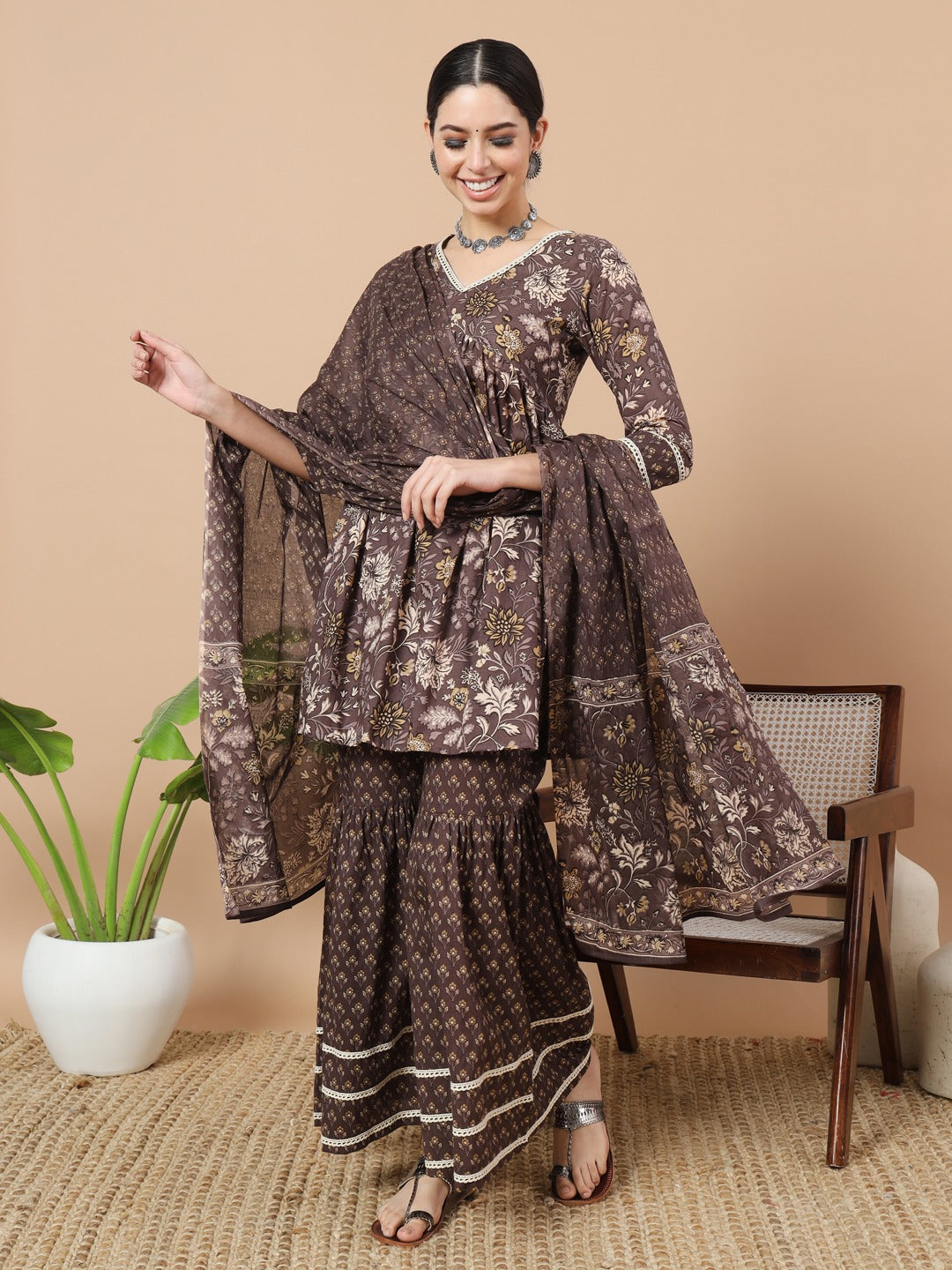 Grey Floral Print Straight Alia-Cut Kurta Sharara And Dupatta Set-Yufta Store-1850SKDGYS