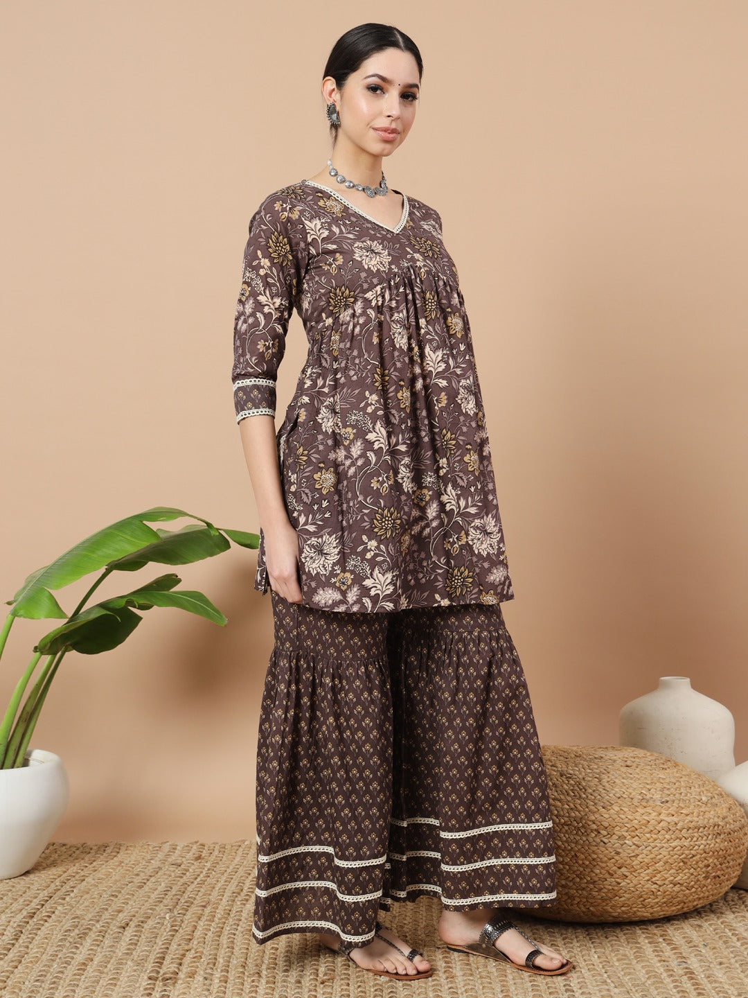 Grey Floral Print Straight Alia-Cut Kurta Sharara And Dupatta Set-Yufta Store-1850SKDGYS