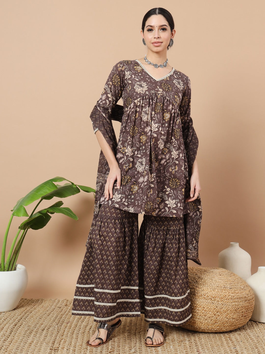 Grey Floral Print Straight Alia-Cut Kurta Sharara And Dupatta Set-Yufta Store-1850SKDGYS