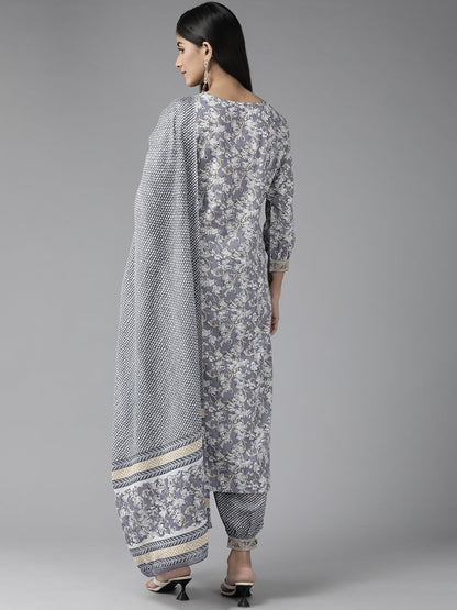 Grey Floral Printed Kurta Dupatta Set-Yufta Store-1122SKDGYS