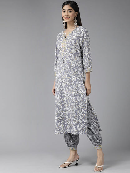 Grey Floral Printed Kurta Dupatta Set-Yufta Store-1122SKDGYS