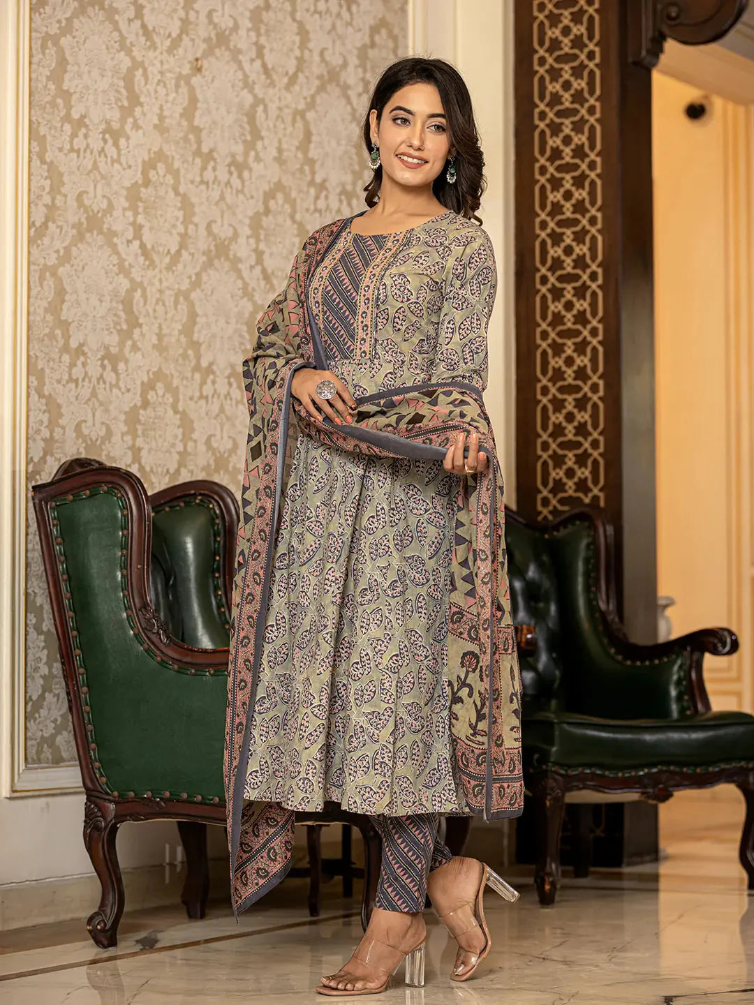 Grey Leaf Print Cotton Anarkali Kurta Trouser And Dupatta Set-Yufta Store-6877SKDGYS