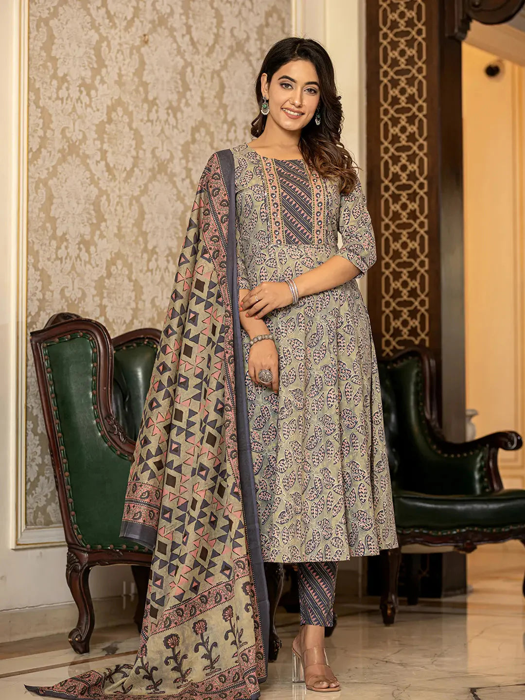 Grey Leaf Print Cotton Anarkali Kurta Trouser And Dupatta Set-Yufta Store-6877SKDGYS