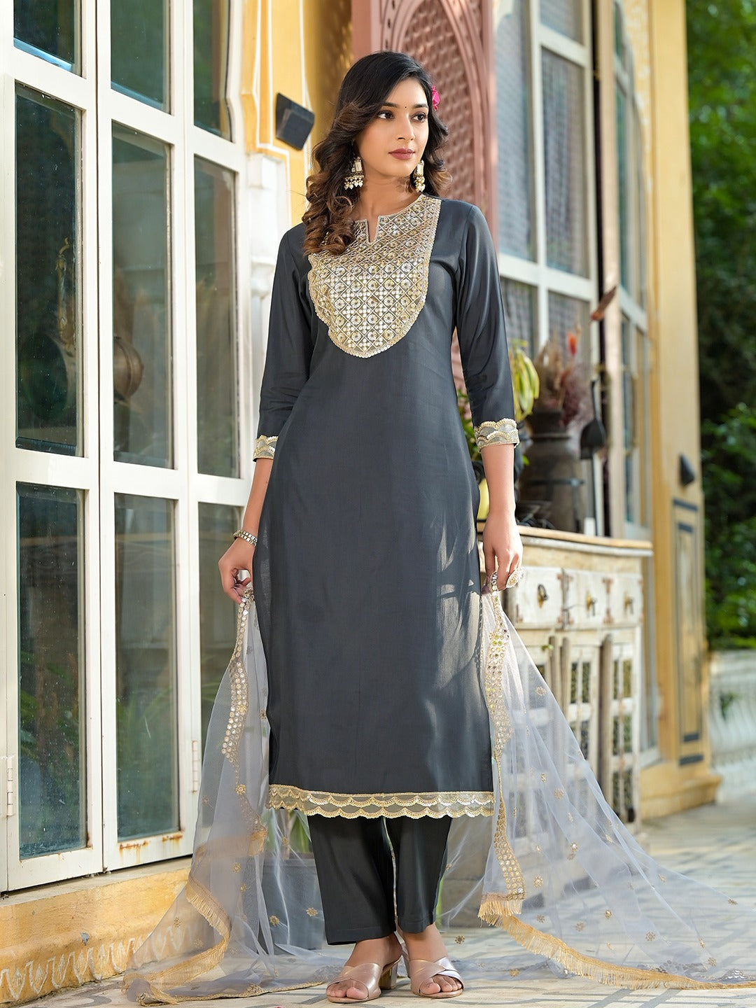 Grey Mirror_Work,Sequins_Work Kurta Trouser with Dupatta Set-Yufta Store-1777SKDGYS