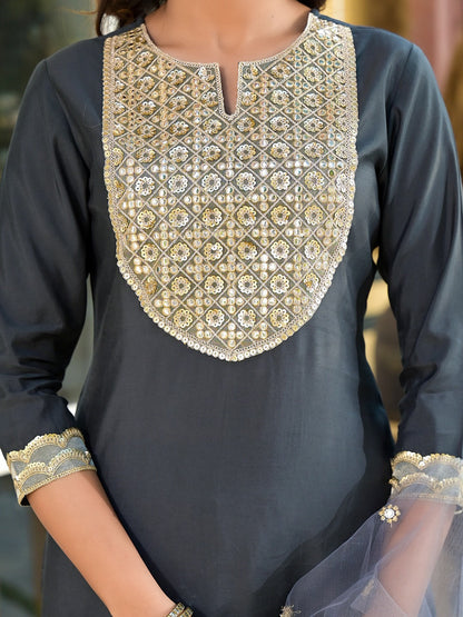 Grey Mirror_Work,Sequins_Work Kurta Trouser with Dupatta Set-Yufta Store-1777SKDGYS