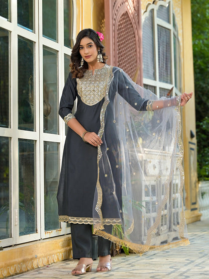 Grey Mirror_Work,Sequins_Work Kurta Trouser with Dupatta Set-Yufta Store-1777SKDGYS