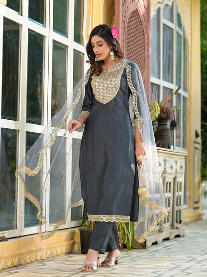 Grey Mirror_Work,Sequins_Work Kurta Trouser with Dupatta Set-Yufta Store-1777SKDGYS