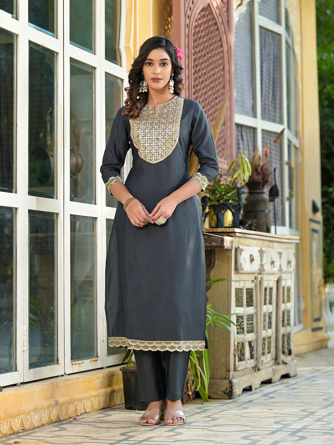 Grey Mirror_Work,Sequins_Work Kurta Trouser with Dupatta Set-Yufta Store-1777SKDGYS