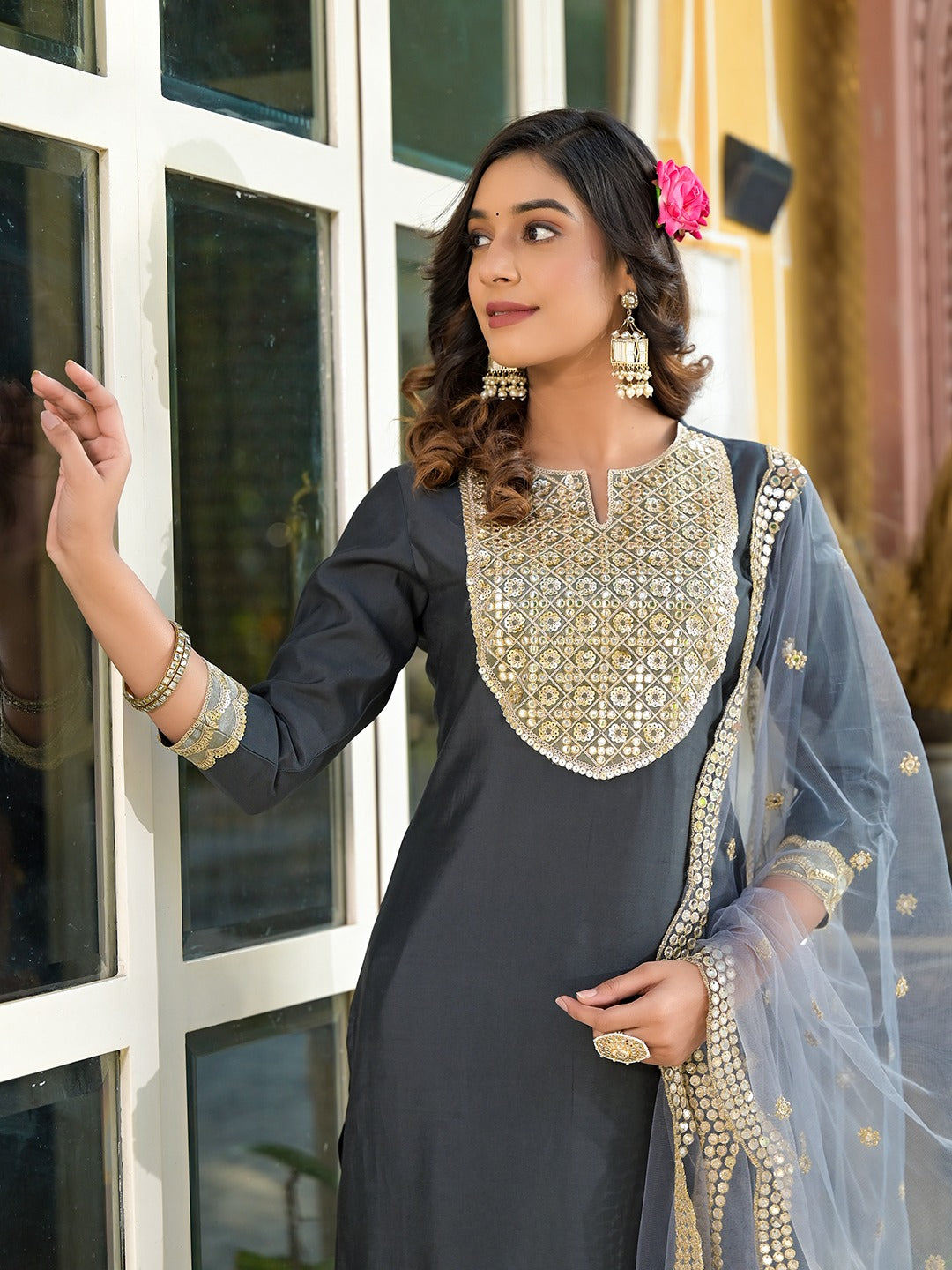 Grey Mirror_Work,Sequins_Work Kurta Trouser with Dupatta Set-Yufta Store-1777SKDGYS