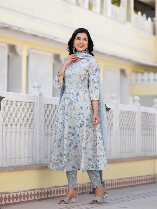 Grey Sequins_Work Anarkali Kurta Trouser And Dupatta Set-Yufta Store-6910SKDGYS