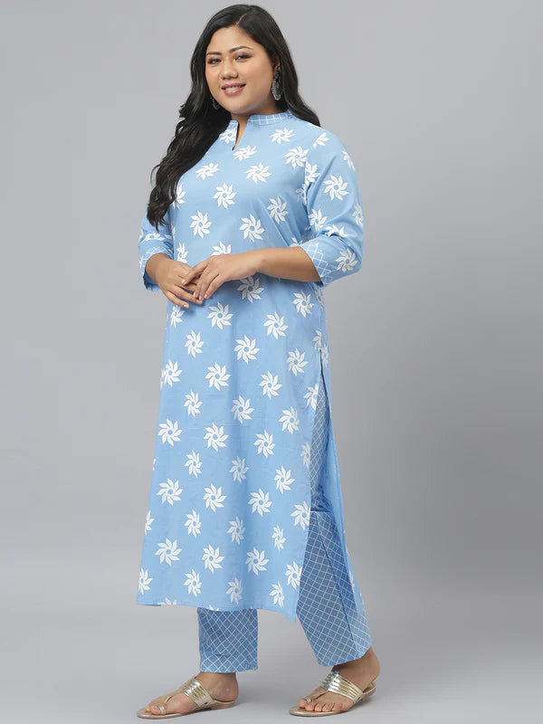 WOMEN PRINTED COTTON STRAIGHT KURTA PANT DUPATTA SET