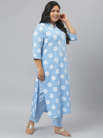 WOMEN PRINTED COTTON STRAIGHT KURTA PANT DUPATTA SET