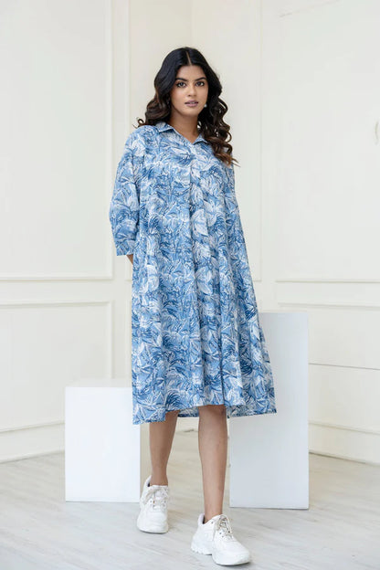 Blue Printed Flared Midi Dress