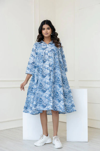 Blue Printed Flared Midi Dress