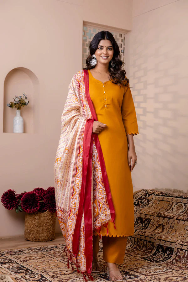 Mustard Straight Kurta Set With Printed Dupatta for Women