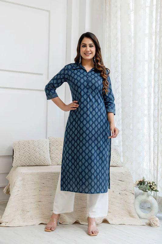 Blue Printed Straight Kurta with Three Quarter Sleeves