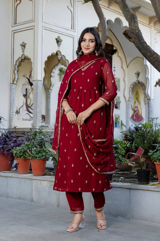 Maroon Embroidered Georgette Kurta Set With Dupatta for Women