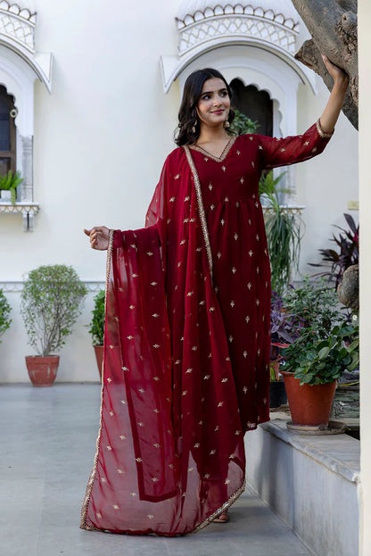 Maroon Embroidered Georgette Kurta Set With Dupatta for Women