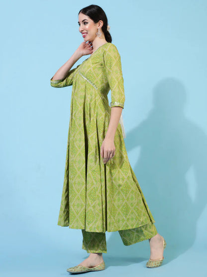 COTTON CALF LENGTH PRINTED FLARED 3/4 SLEEVES V-NECK KURTA BOTTOM DUPATTA SET