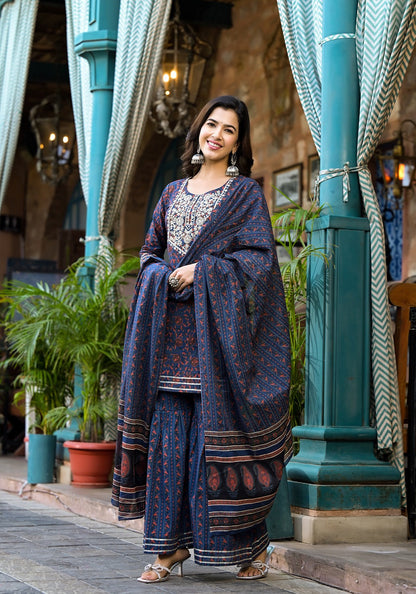 Indigo Blue Ethnic Motifs Dori_Embroidery Kurta Sharara With Dupatta Set-Yufta Store-1741SKDBLS