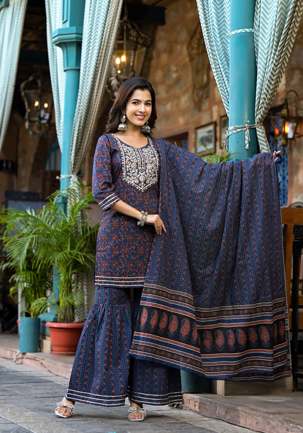 Indigo Blue Ethnic Motifs Dori_Embroidery Kurta Sharara With Dupatta Set-Yufta Store-1741SKDBLS